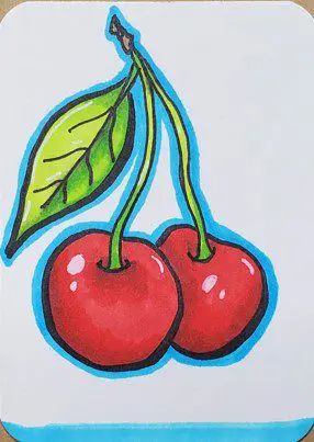 a drawing of two cherries with green leaves