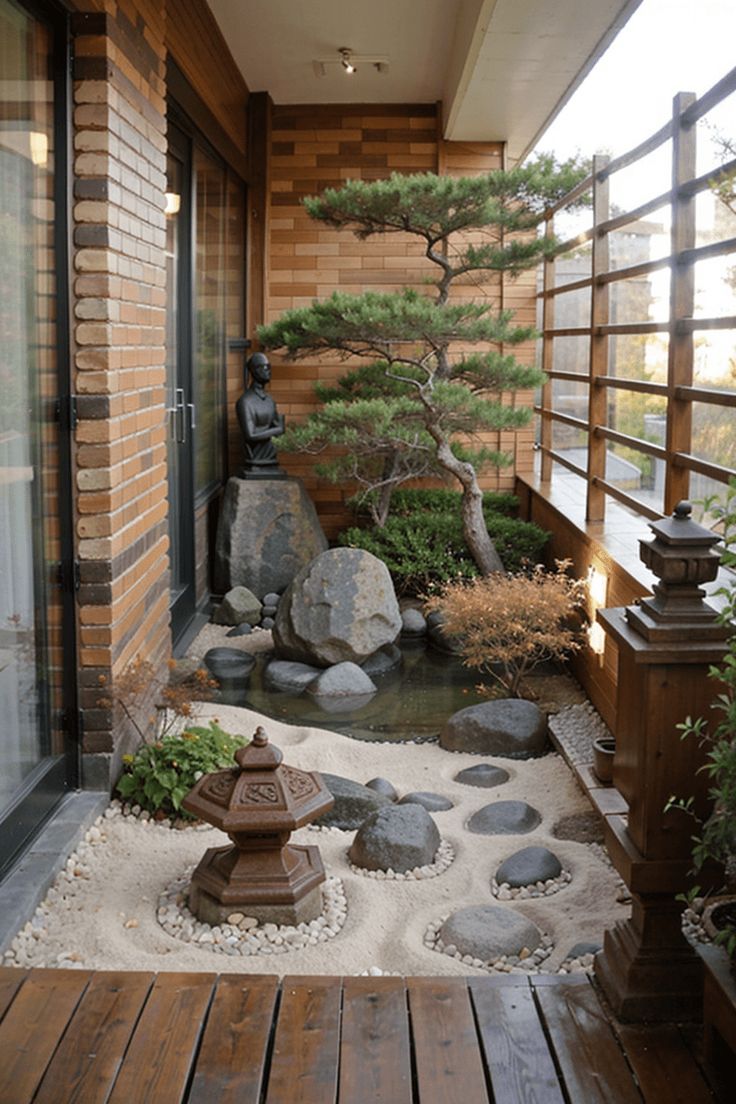 small zen garden balcony Indoor Gardens Design, Patio Zen Garden, Japanese Gardens Landscape, Small Meditation Garden Ideas, Small Interior Garden, Small Japanese Garden Diy, Balcony Zen Garden, Small Zen Garden Ideas Outdoor, Japanese Balcony Garden