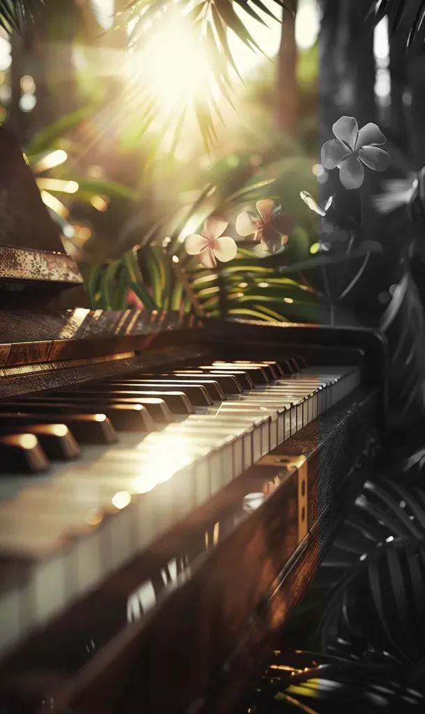 the sun shines brightly on an old piano in a tropical setting with palm trees and flowers