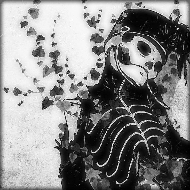 a black and white photo of a skeleton with leaves on it's back ground