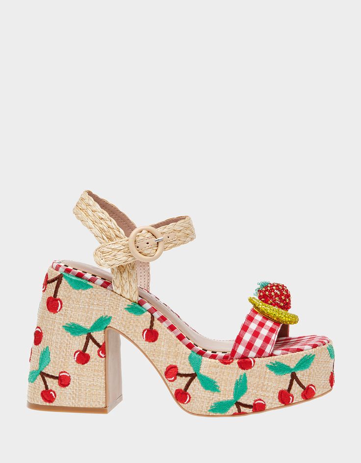 CHEYNE NATURAL MULTI Beaded Fruit, Platform Block Heels, Block Heel Sandals, Cherry Print, Fabulous Shoes, Heel Sandal, 5 Inch Heels, Pretty Shoes, Block Heels Sandal