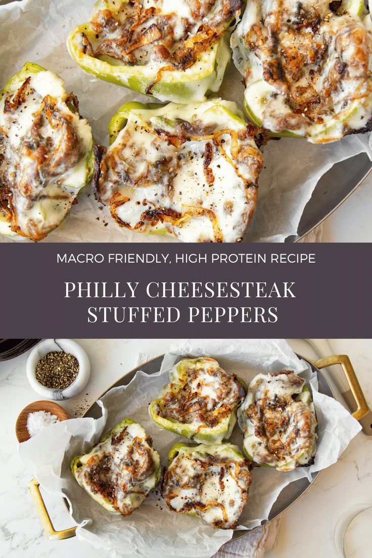 an overhead view of stuffed peppers with cheese and seasoning on the side, along with text overlay reading macro friendly high protein recipe philly cheesteak stuffed peppers