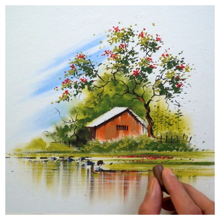 a painting of a house by the water with trees and flowers on it's roof