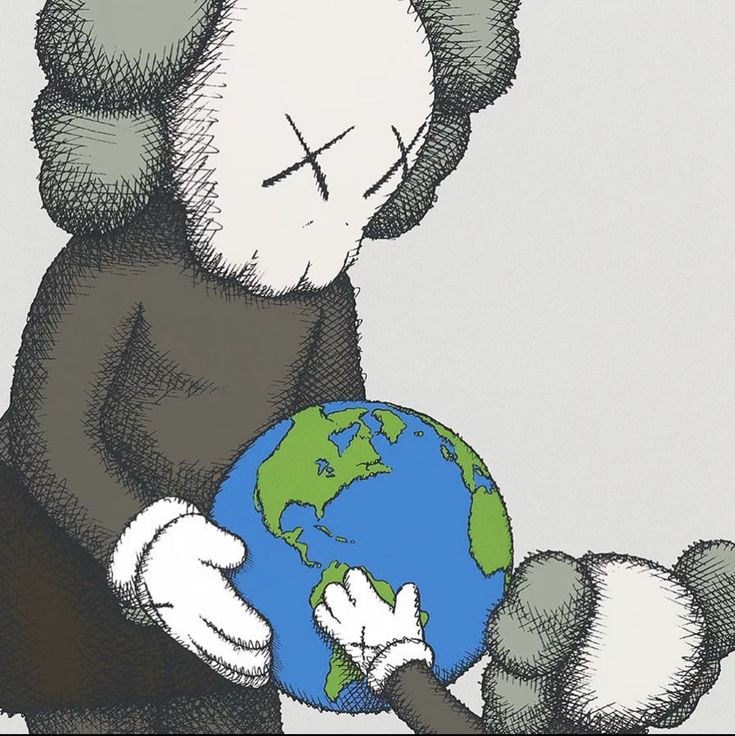 a drawing of a teddy bear holding the earth