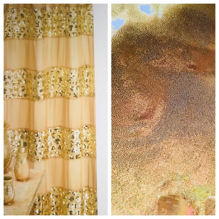 two pictures side by side, one with gold glitter curtains