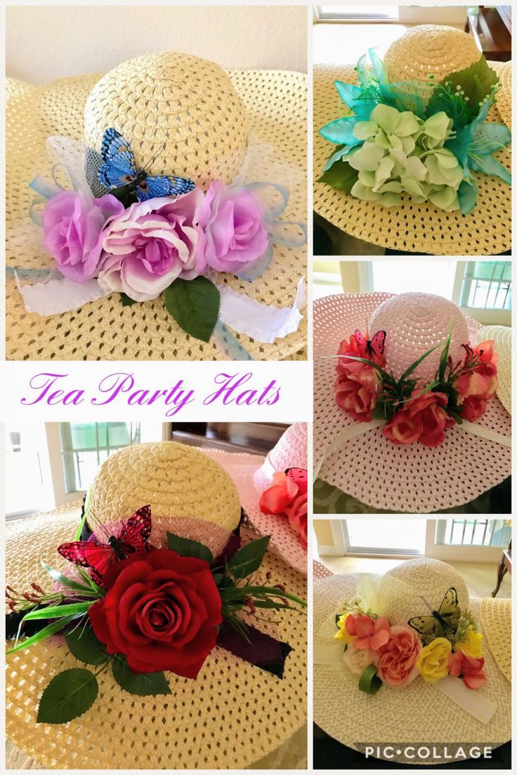 Tea Party Hat Decorating Ideas, Garden Hat Ideas, Hat Decorating Ideas Diy Tea Parties, Diy Tea Hats For Women, Tea Party Hat Diy, Garden Party Hats For Women, Diy Tea Party Hats For Women, Tea Party Outfit With Hat, Tea Party Craft Ideas