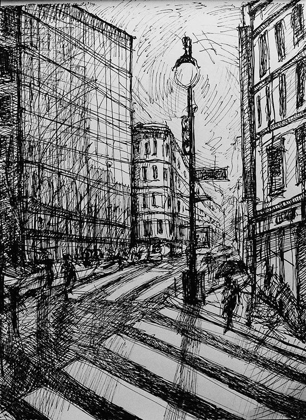 a black and white drawing of a city street