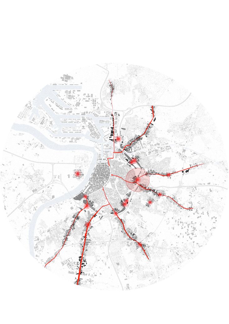 an aerial view of a city with red lines