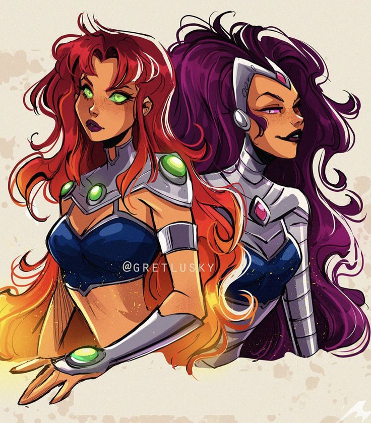 two women dressed as superheros, one with red hair and the other with green eyes