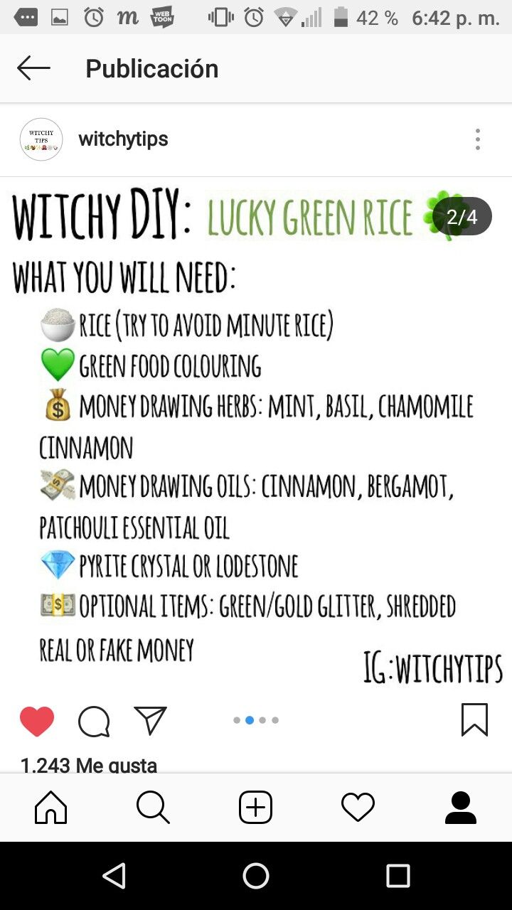 an iphone screen with the words witch diy and lucky green rice written on it