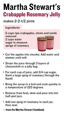 the recipe for martha stewart's crabapple rosemary jelly is shown in this poster