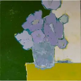 an abstract painting of purple flowers in a vase