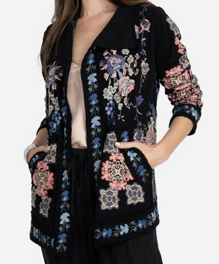 Tge effortlessly on-trend Jacket features gorgeous floral embroidery and an array of boho-inspired details throughout. This chic summer layer adds the perfect finishing touch to any look. Simply pair with a silk camisole and skinny jeans for a laid-back day by the ocean, or dress it up with a maxi dress and heels for a special night out. Product Details: • Cotton Spring Casual Sweater Coat With Shawl Collar, Spring Shawl Collar Cardigan For Layering, Spring Cotton Sweater Coat With Pockets, Spring Outerwear For Layering With Shawl Collar, Spring Shawl Collar Outerwear For Layering, Spring Cotton Sweater Coat, Casual Shawl Collar Cardigan For Spring, Multicolor Cotton Outerwear For Layering, Maxi Dress And Heels