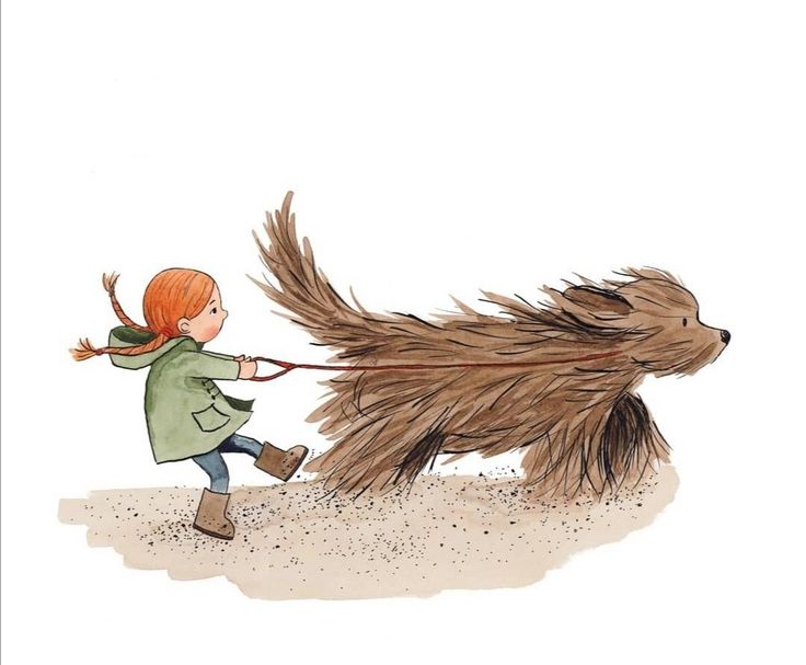 a drawing of a girl pulling a shaggy dog on a leash with it's tail