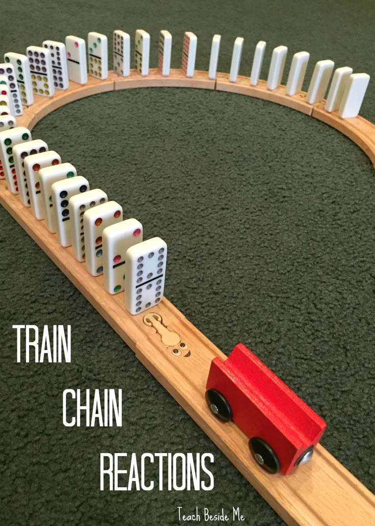 a toy train with dominos on it and the words train chain reactions in front of it