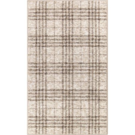 a beige and black plaid rug on a white background