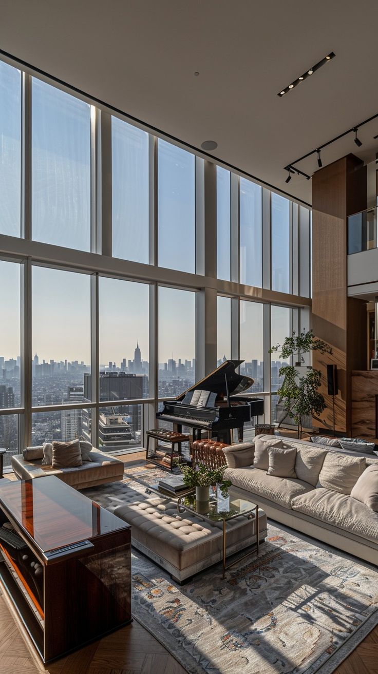 a living room filled with lots of furniture and large windows over looking the cityscape