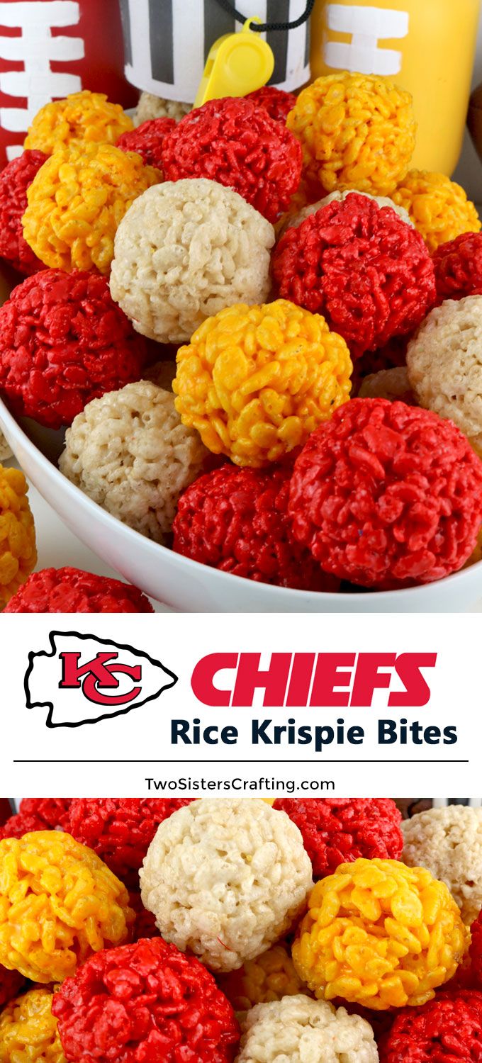 rice krispie bites are in a bowl with the words chiefs on it and an image of