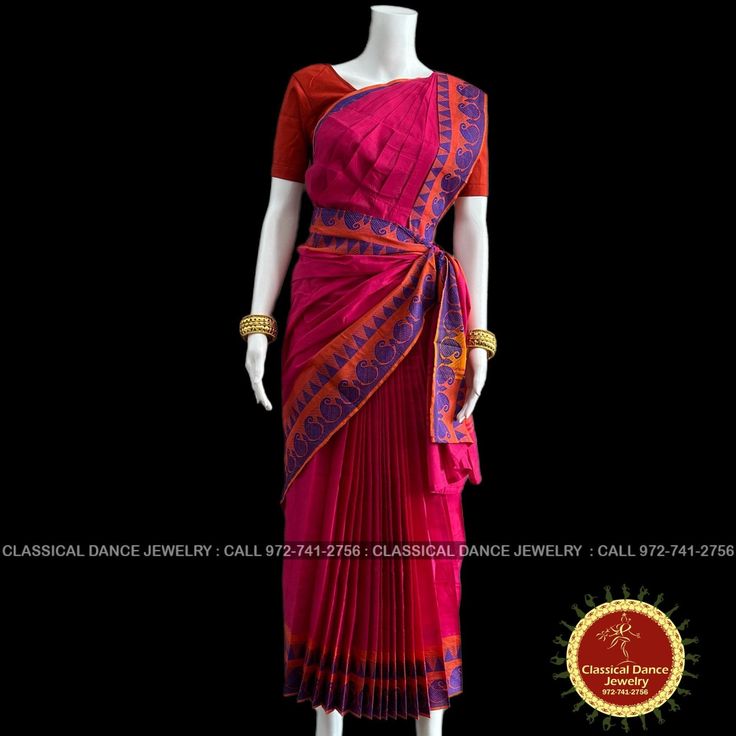 Design by Classical Dance Jewelry® ❥ A collection of colorful and elegant dance sarees in cotton fabric with minimalistic patterns for all the ladies who are ardent fans of our traditional dance. ❥ These sarees are also known as Kalakshethra sarees. ❥ Dance practice sarees have different measurements than the usual sarees and can't be used as a party wear or casual wear. ❥ It is made of pure cotton saree with plain contrast color borders.These practice sarees worn over pajamas / pants and a chol Traditional Fitted Pre-draped Saree For Navratri, Traditional Fitted Pre-draped Saree For Diwali, Traditional Fitted Pre-draped Saree With Motifs, Bollywood Style Pre-draped Saree For Navratri Puja, Bollywood Pre-draped Saree For Navratri Puja, Pink Pre-draped Saree With Motifs For Puja, Bollywood Style Pre-draped Handloom Saree For Transitional Season, Fitted Bollywood Cotton Pre-draped Saree, Traditional Multicolor Cotton Pre-draped Saree