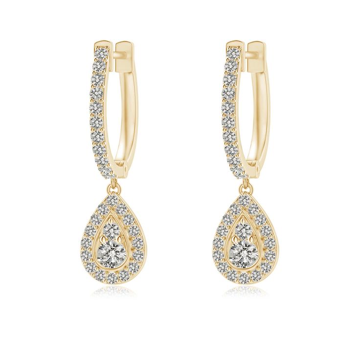 These 14k yellow gold diamond teardrop earrings are a classic and versatile pair. They are further accentuated with additional diamonds that are prong-set on the hinged hoops. Teardrop Huggie Earrings With Diamond Accents, Fine Jewelry Teardrop Huggie Earrings With Diamond Accents, Classic Gold Teardrop Diamond Earrings, Timeless Gold Pear-shaped Diamond Earrings, Timeless Pear-shaped Gold Diamond Earrings, Timeless Teardrop Hoop Earrings For Formal Occasions, Classic Drop Diamond Earrings With Accents, Classic Formal Dangle Huggie Earrings, Classic Dangle Huggie Earrings With Diamond Accents