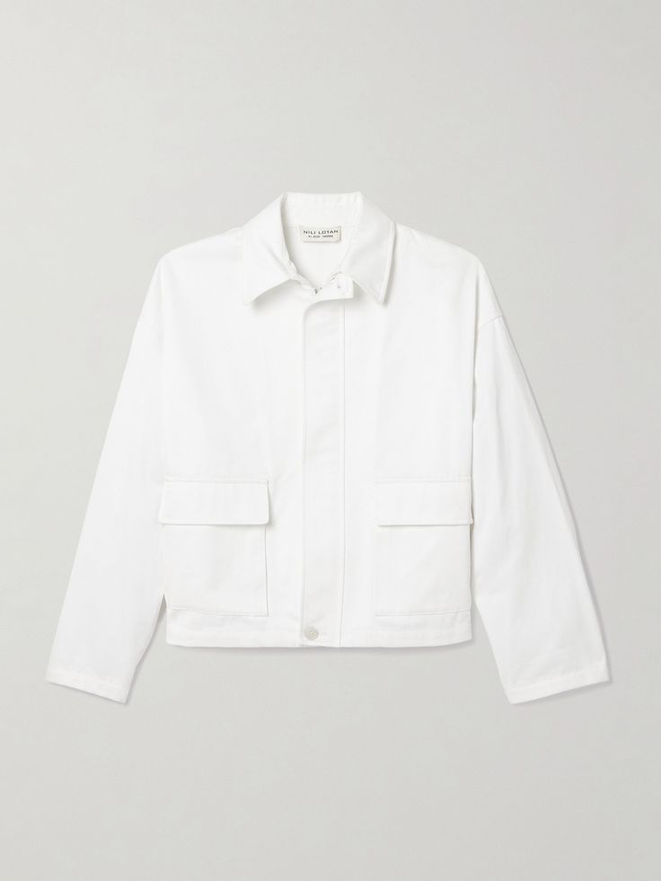 Nili Lotan's 'Lio' jacket has a cool, utilitarian feel. Cut from structured white denim, it's designed with flap pockets and dropped shoulders that enhance the loose fit. Cotton Denim Jacket With Cargo Pockets For Work, White Utility Outerwear With Pockets, White Denim Jacket With Patch Pockets For Spring, White Spring Outerwear With Flap Pockets, Spring White Outerwear With Flap Pockets, White Long Sleeve Utility Jacket With Patch Pockets, White Utility Jacket With Pockets, White Cotton Outerwear With Side Pockets, White Spring Outerwear With Multiple Pockets