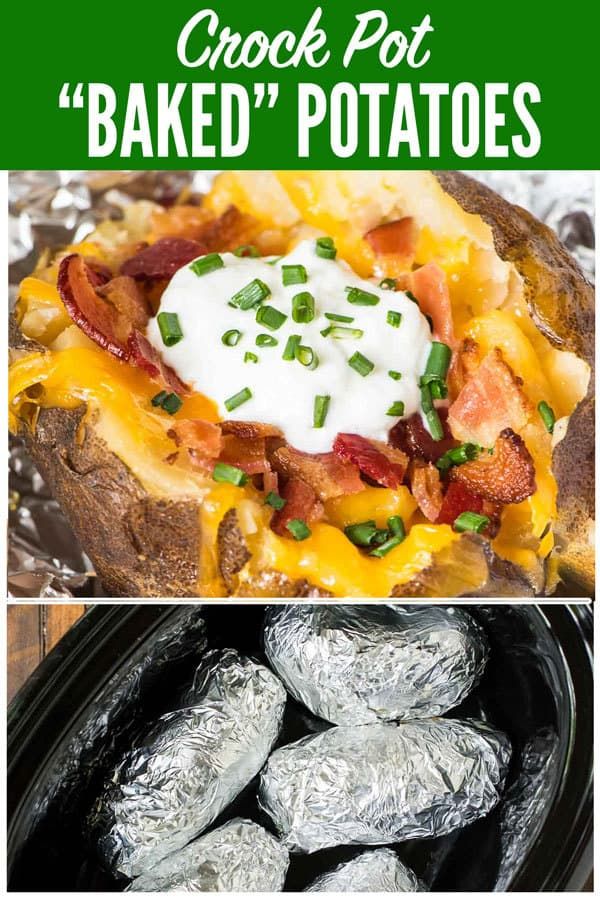 baked potatoes with bacon, cheese and sour cream on top are shown in this collage