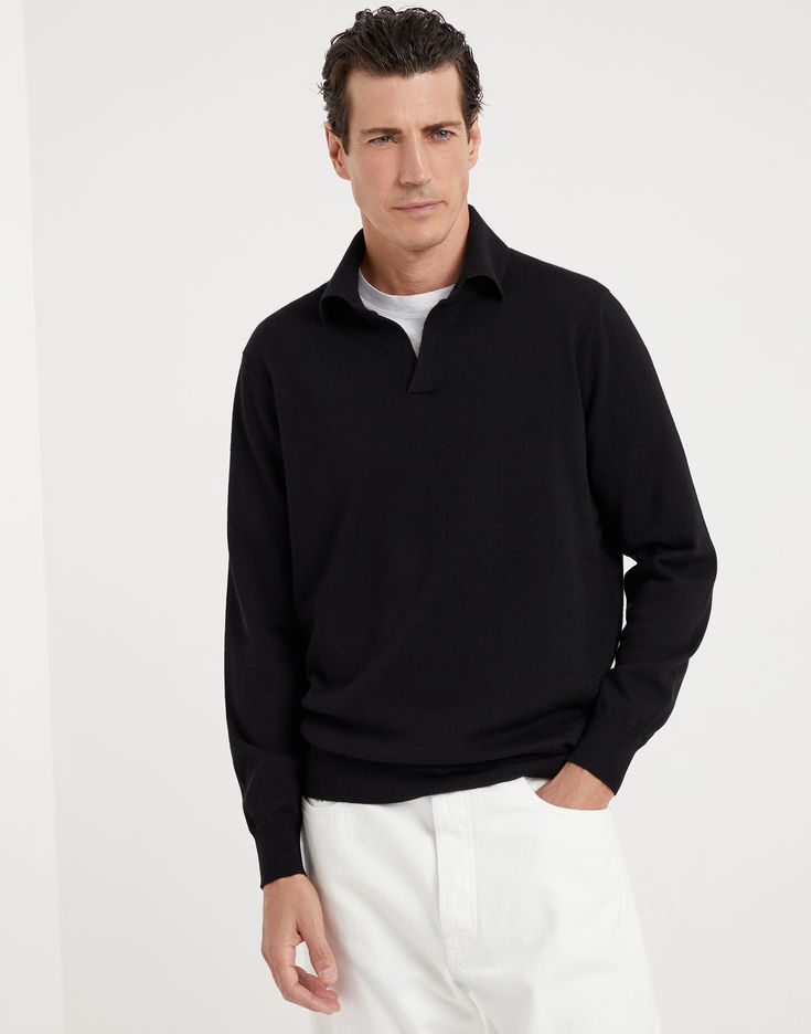 Cashmere knit polo with long sleeves The excellence of Brunello Cucinelli materials updates the casual feel of this cashmere knit long sleeve polo. The premium natural yarn enhances the versatility and elegance of the sweater. The garment is completed by a buttonless opening and a regular, comfortable fit. Cashmere Workwear Polo Shirt With Ribbed Collar, Classic Cashmere Polo Shirt With Ribbed Collar, Timeless Long Sleeve Wool Sweater, Classic Cashmere Polo Shirt, Collared Cashmere Polo Shirt For Fall, Long Sleeve Cashmere Polo Sweater, Business Casual Cashmere Polo Sweater, Fall Cashmere Polo Shirt, Fall Cashmere Collared Polo Shirt