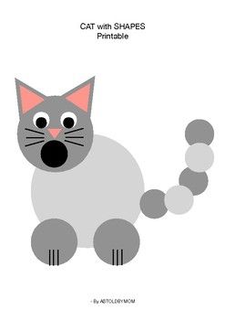 a cat that is sitting down with its eyes open and the words,'cat with shapes printable '