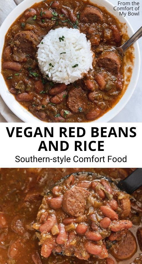 two pictures showing different types of beans and rice in the same bowl, with text overlay that reads vegan red beans and rice southern - style comfort food