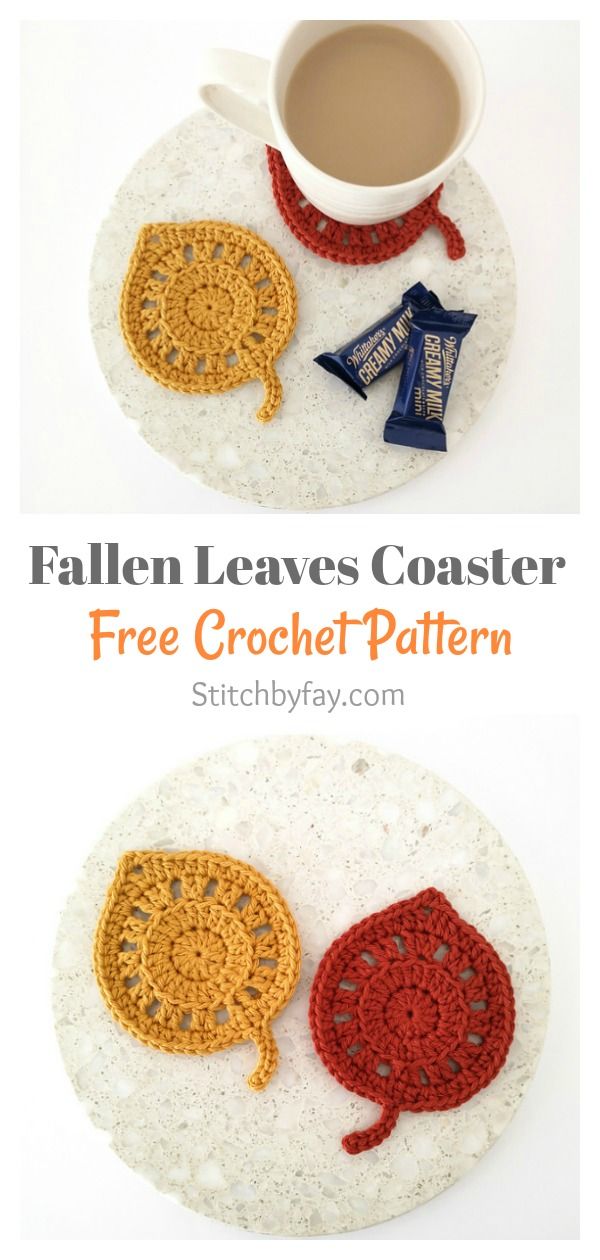 two crocheted coasters with the words fallen leaves coaster on them and an image of