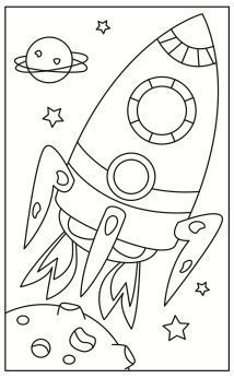 a coloring page with an image of a rocket ship in the sky and stars around it