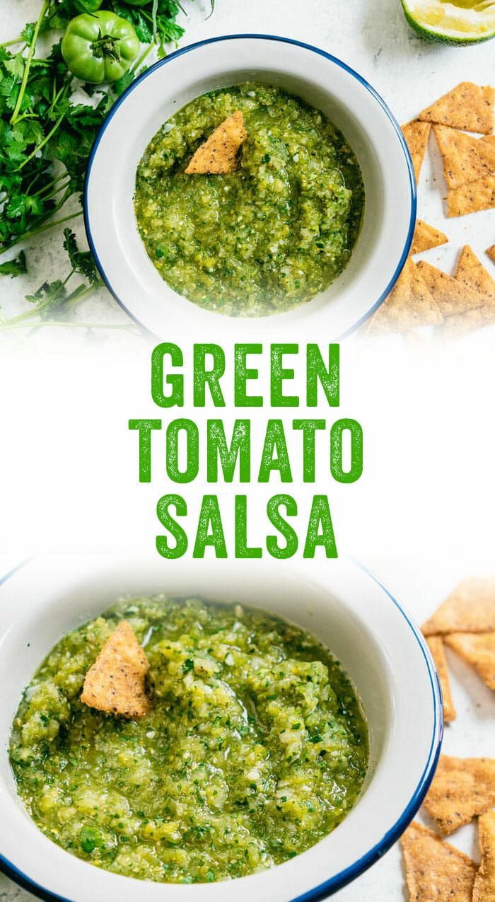 two bowls filled with green tomato salsa and tortilla chips