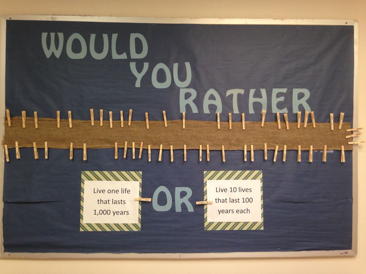 a bulletin board with clothes pins on it and words that say would you rather?