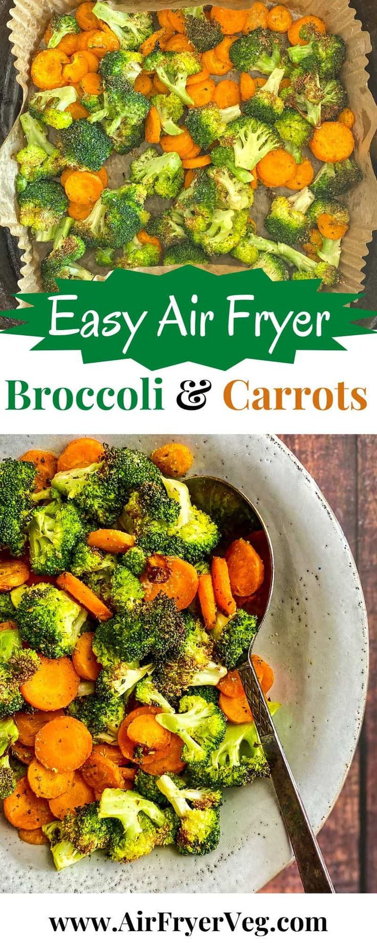 broccoli and carrots are being cooked in an air fryer with the words easy air fryer broccoli and carrots