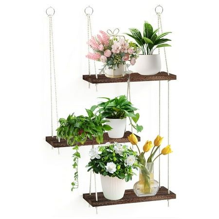 three hanging planters with flowers and plants in them