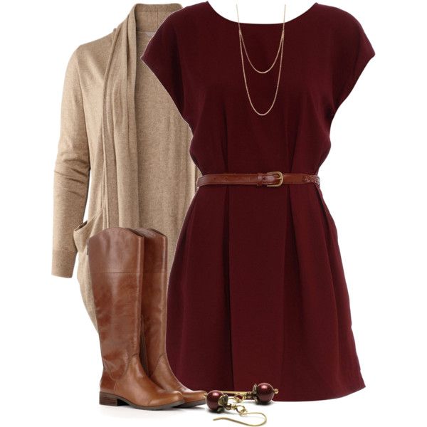 "Untitled #486" by ohsnapitsalycia on Polyvore Fall Casual Dresses, Dress And Boots, Boating Outfit, Vestidos Vintage, Stitch Fix Inspiration, Burgundy Dress, Beige Sweater, Outfit Winter, Stitch Fix Style