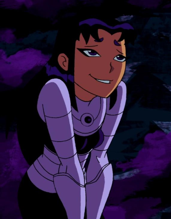 an animated image of a woman with black hair and blue eyes, wearing purple clothes