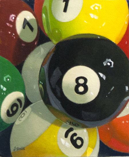 an oil painting of billiards balls in various colors and sizes with numbers on them