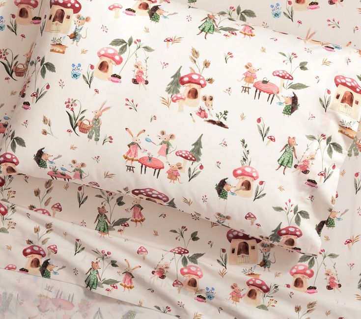 an image of a bed sheet set with mushrooms and deers on white sheetset