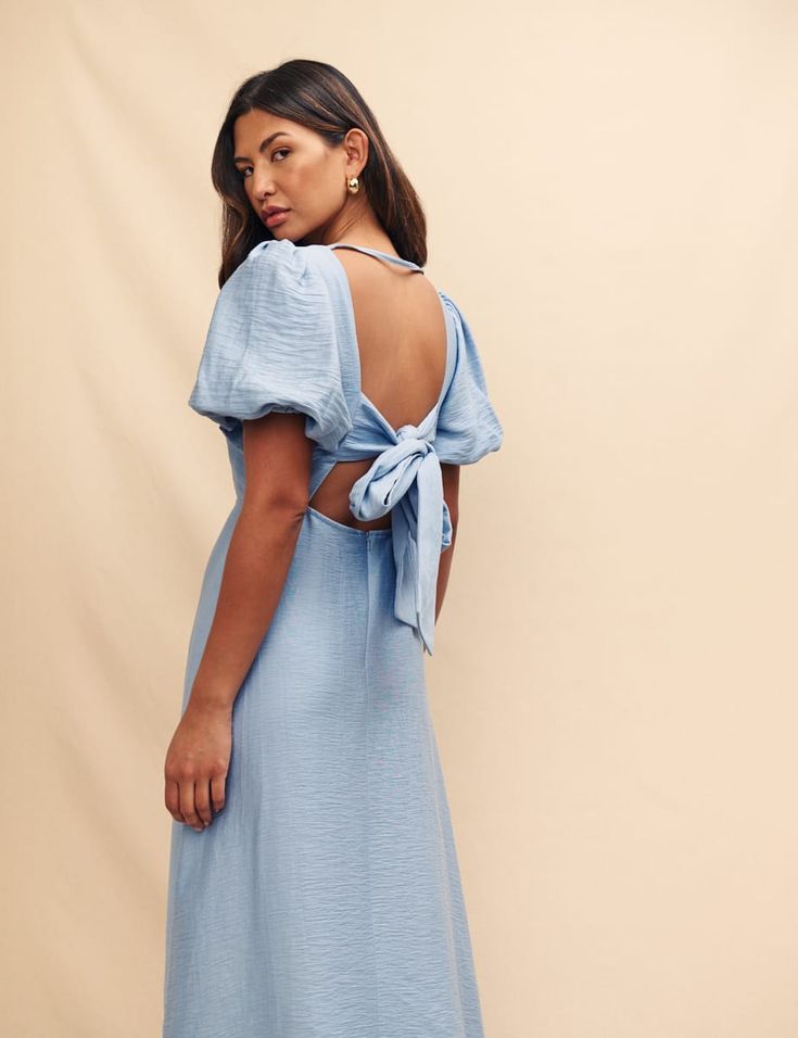 Blue Balloon Sleeve Zola Midi Dress | Nobody's Child Blue Balloon, Midaxi Dress, Stripe Outfits, Iconic Dresses, Blue Balloons, Pinafore Dress, Gingham Dress, Petite Maternity, Petite Dresses