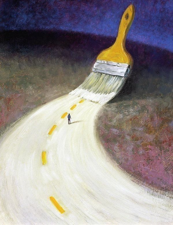 a painting of a person walking down a road with a paintbrush in the air