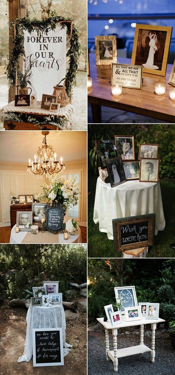 wedding decorations and pictures displayed on tables