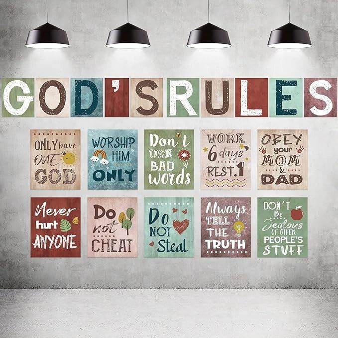 the word god's rules is displayed in front of a wall with hanging lights