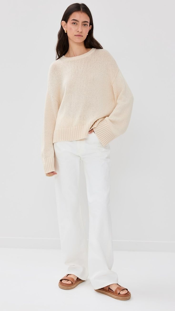 Jenni Kayne Cameron Crew Neck Sweater | Shopbop Neutral Wool Sweater With Long Sleeves, Fine Knit Long Sleeve Sweater In Neutral Color, Chic Everyday Wool Sweater, Elegant Textured Knit Cotton Sweater, Neutral Long Sleeve Wool Sweater, Classic Cotton Knit Top For Fall, Chic Cashmere Sweater With Textured Knit, Chic Wool Fine Knit Sweater, Chic Soft Knit Merino Wool Sweater