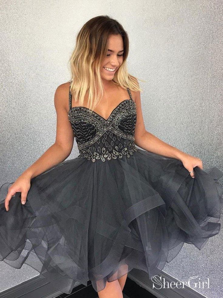 Spaghetti Strap Beaded Top Dark Grey Tulle Shiny Homecoming Dresses,apd2669-SheerGirl Grey Homecoming Dresses, Grey Homecoming Dress, Burgundy Homecoming Dress, Short Party Dresses, Tulle Homecoming Dress, Cheap Homecoming Dresses, Short Homecoming Dress, A Line Prom Dresses, Outfit Trends