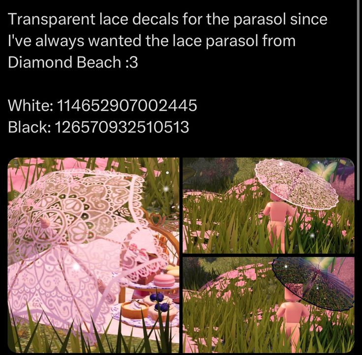 there are pictures of pink and white umbrellas in the grass with text that reads transparent lace details for the parasol since i've always wanted the lace