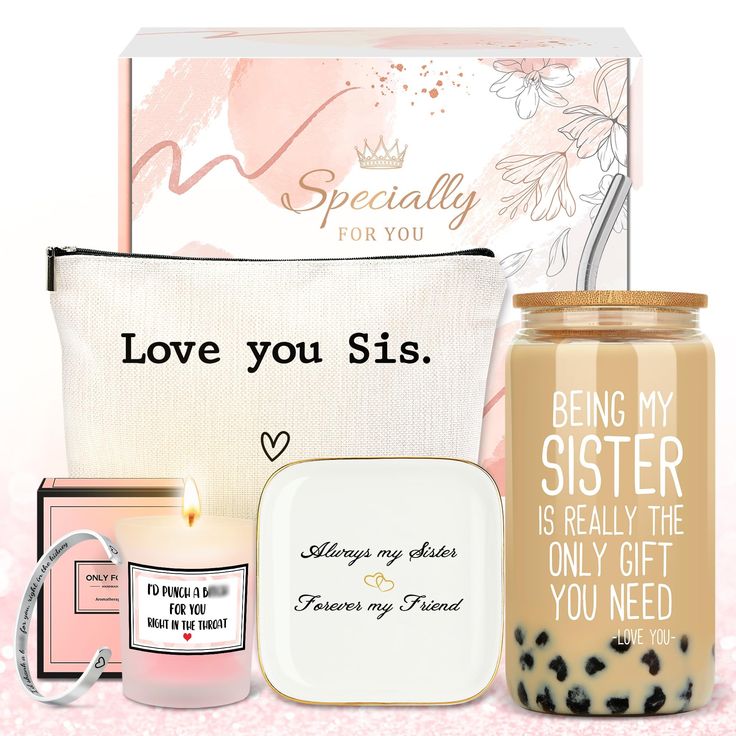 the gift set includes a candle, tea bag, and personalized items for her