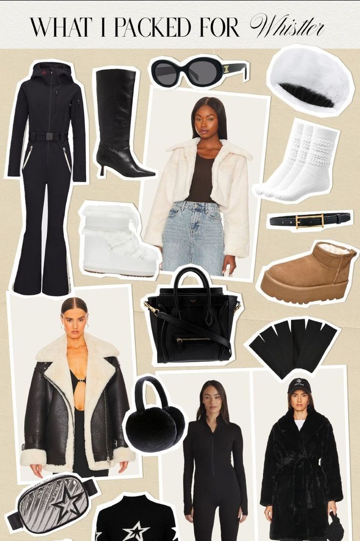 a collage of women's clothing and accessories including boots, coats, hats, gloves