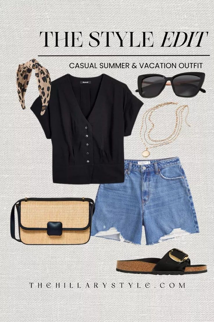 The Style Edit: Casual Summer and Vacation Outfit. Denim shorts, mom shorts, cutoff shorts, camp shirt, black camp shirt, casual black top, sandals, summer sandal, straw handbag, straw crossbody, summer crossbody bag, knotted headband, silk headband, black sunglasses, sunnies, layered gold necklace. Madewell, Abercrombie, Birkenstock, Anthropologie, J Crew, Target. Summer outfit, summer shorts outfit, camp shirt outfit, denim shorts outfit, casual outfit, casual summer outfit, vacation outfit Black Birkenstock Outfit Summer, Birkenstock Outfit Summer Casual, Denim Shorts Outfit Casual, Camp Shirt Outfit, Outfit Camp, Black Sandals Outfit, Comfortable Travel Outfit, Autumn Fashion Women Fall Outfits, Denim Shorts Outfit