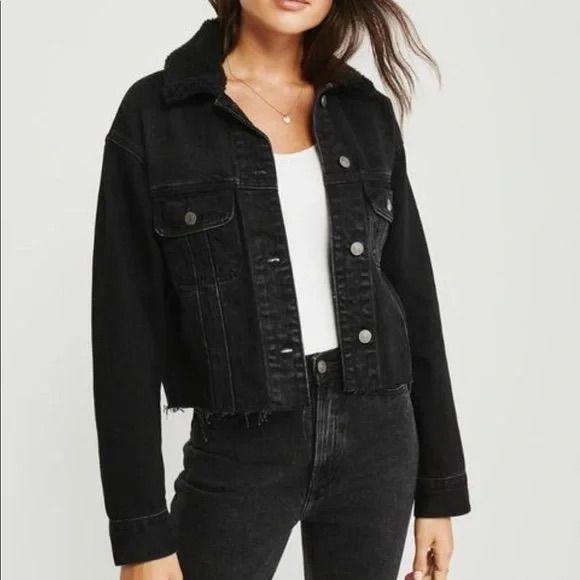 Abercrombie Cropped Jean Jacket Black Denim With Sherpa Collar Size: Small Brand New With Tags! Sleeve: 20” Width: 18.5” Length: 19” Edgy Cropped Jacket With Pockets For Fall, Edgy Cotton Outerwear For Fall, Edgy Fall Outerwear With Pockets, Edgy Long Sleeve Denim Jacket For Fall, Trendy Cropped Jacket With Frayed Hem For Fall, Chic Fall Denim Jacket With Frayed Hem, Casual Black Outerwear With Frayed Hem, Fall Workwear Denim Jacket With Frayed Hem, Fall Denim Jacket With Frayed Hem For Work